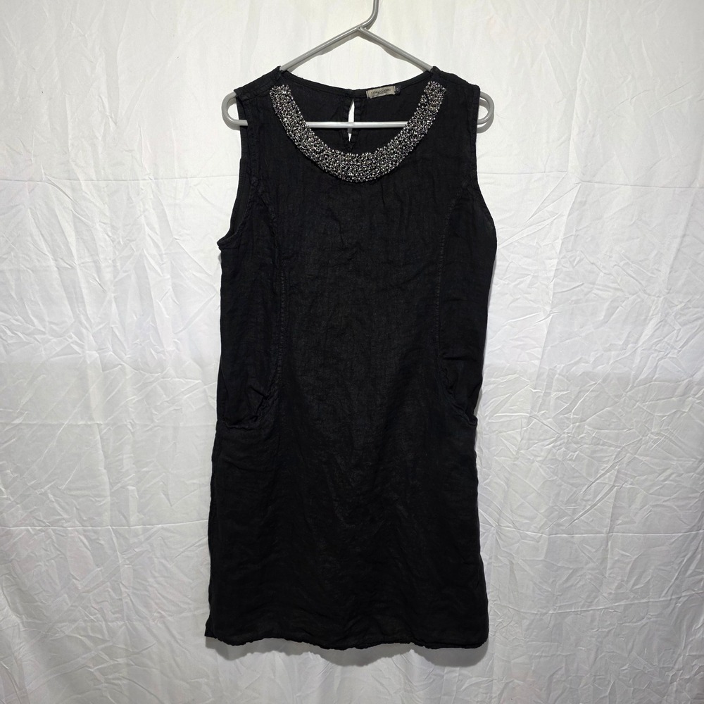 Lungo L'Arno Black 100% Linen Beaded Neckline Shift Dress Made in Italy 1X LX794